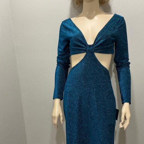 LULU'S magical sparkly blue deep V-neck & CUT-OUT BACK bodycon dress NWT size M - Picture 2 of 13